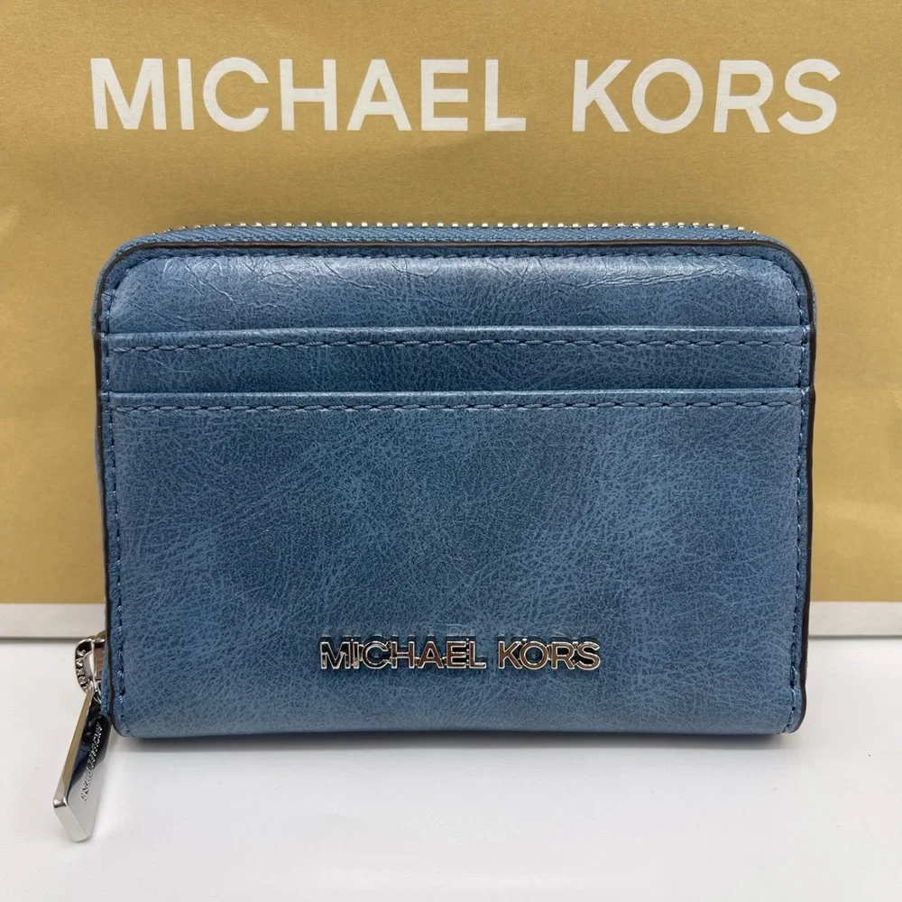 MICHAEL KORS Jet Set Medium Distressed Zip Around Card Case Cornflower NWT